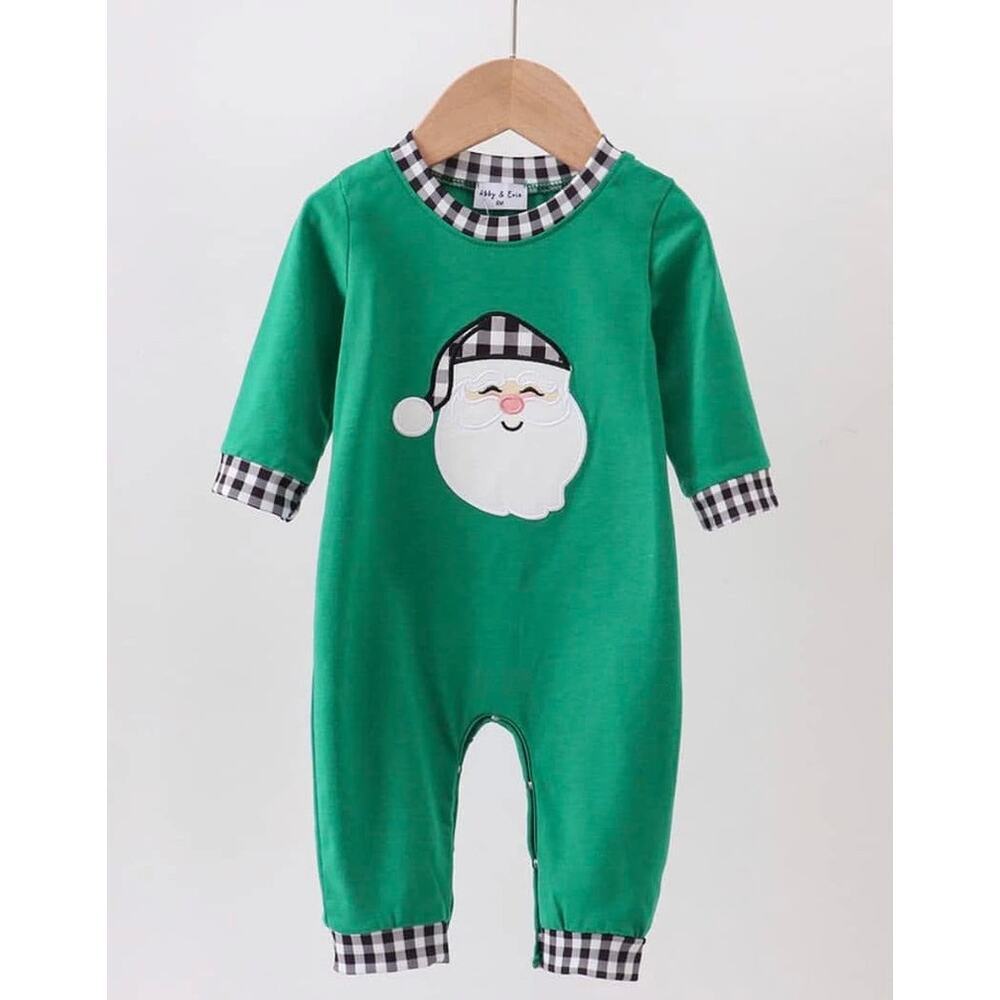 NEW Abby & Evie Santa Green Plaid Trim Romper Baby One‎ Piece Christmas Outfit